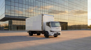 White Harbinger box truck parked in front of a glass office building at sunset